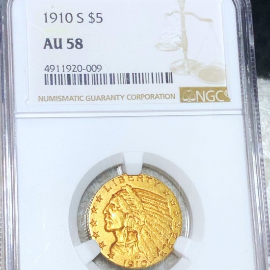 1910-S $5 Gold Half Eagle NGC - AU58