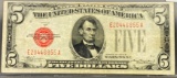 1928 US $5 Red Seal Bill ABOUT UNCIRCULATED