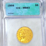 1908 $5 Gold Half Eagle ICG - MS63