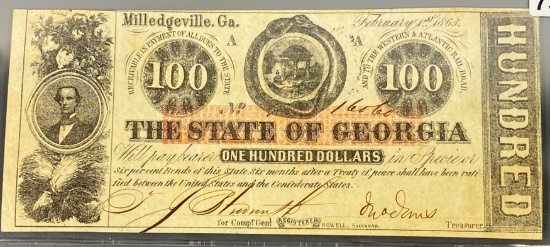 1863 $100 State Of Georgia Bill UNCIRCULATED