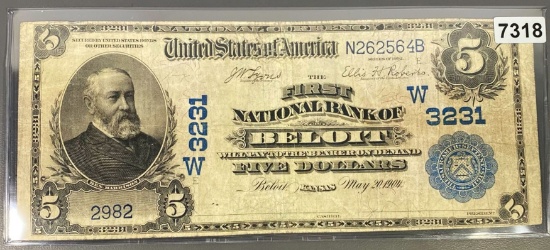 1902 $5 Bank Of Beloit Bill NEARLY UNCIRCULATED