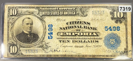 1902 $10 Bank Of Emporia Bill NEARLY UNC