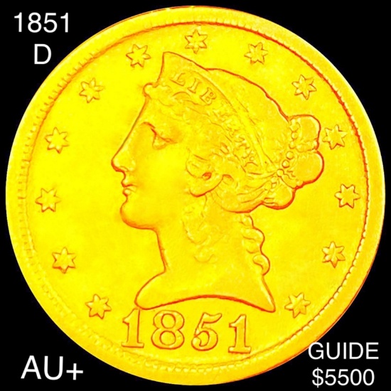 1851-D $5 Gold Half Eagle AU+