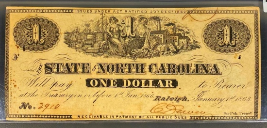 1863 $1 North Carolina Bill UNCIRCULATED