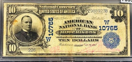 1917 $10 Bank Of Hutchison Bill XF
