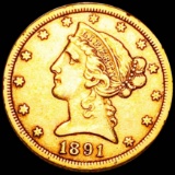 1891-CC $5 Gold Half Eagle NEARLY UNCIRCULATED