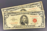 (2) 1963 US $5 Red Seal Bill LIGHTLY CIRCULATED