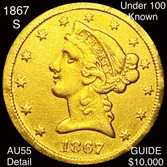 1867-S $5 Gold Half Eagle CHOICE AU DETAIL