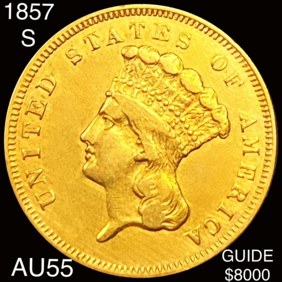 1857-S $3 Gold Piece CHOICE AU
