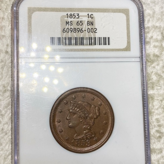 1853 Braided Hair Large Cent NGC - MS 65 BN