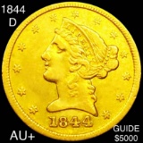 1844-D $5 Gold Half Eagle AU+