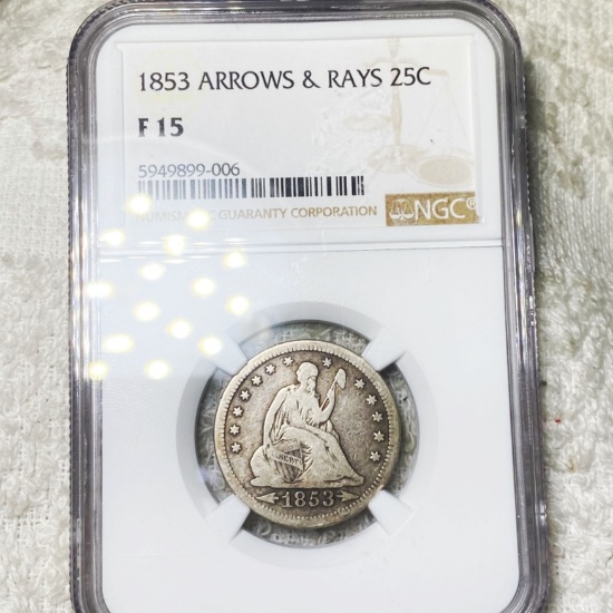 1853 Seated Liberty Quarter NGC - F15 ARROWS & RAY