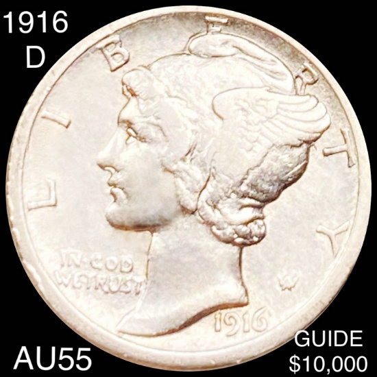 1916-D Mercury Silver Dime CHOICE AU