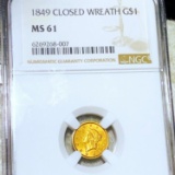 1849 Rare Gold Dollar NGC - MS61 CLOSED WREATH