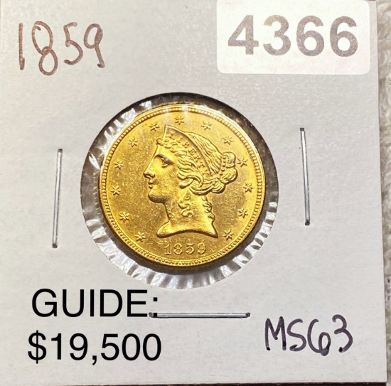 1859 $5 Gold Half Eagle CHOICE BU