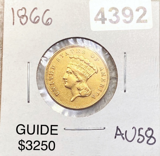 1866 $3 Gold Piece CHOICE AU