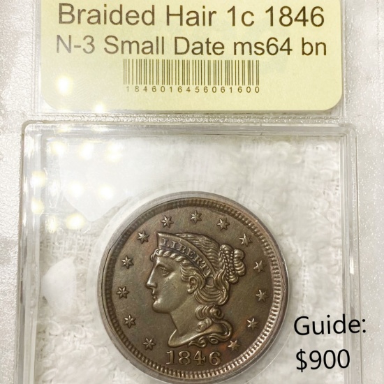 1846 Braided Hair Large Cent USCG-MS 64 BN N-3 SD