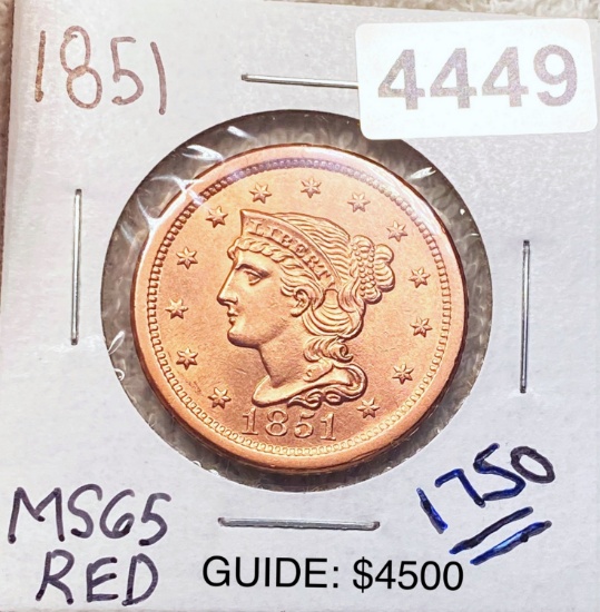 1851 Braided Hair Large Cent GEM BU RED