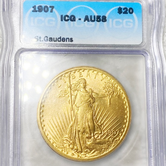 1907 $20 Gold Double Eagle ICG - AU58