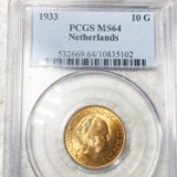 1933 Netherlands Gold 10 Gulden PCGS - MS64