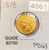 1878 $3 Gold Piece CHOICE BU