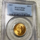 1927 Netherlands Gold 10 Gulden PCGS - MS64