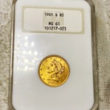 1901 $5 Gold Half Eagle NGC - MS61