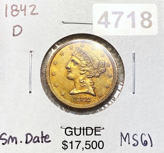 1842-D $5 Gold Half Eagle UNC SML DATE