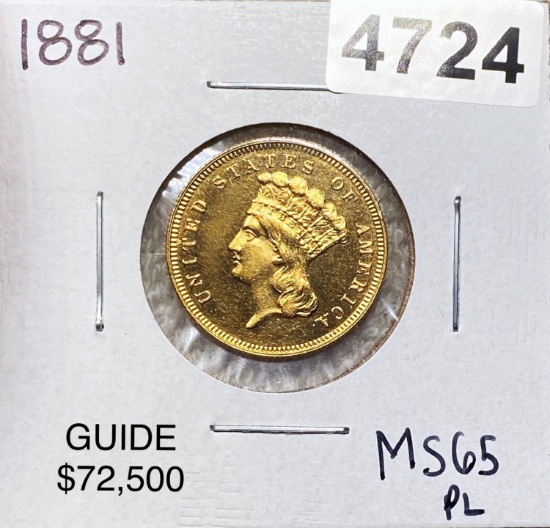 1881 $3 Gold Piece GEM BU PL