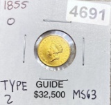 1855-O TY2 Rare Gold Dollar CHOICE BU