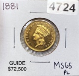 1881 $3 Gold Piece GEM BU PL