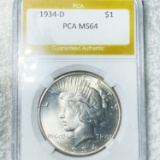 1934-D Silver Peace Dollar PGA - MS64