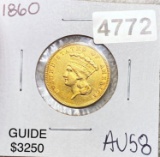 1860 $3 Gold Piece CHOICE AU