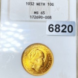 1932 Netherlands Gold 10 Gulden NGC - MS65