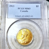 1913 $5 Canadian Gold Coin PCGS - MS63