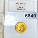 1902 Russian Gold 5 Rouble NGC - MS62