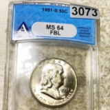 1951-S Franklin Half Dollar ANACS - MS 64 FBL