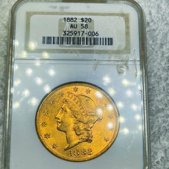 1882 $20 Rare Gold Coin NGC AU58