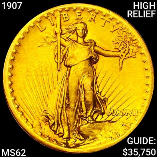 1907 $20 Gold Double Eagle High Relief UNC