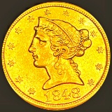 1848 $5 Gold Half Eagle CLOSELY UNCIRCULATED