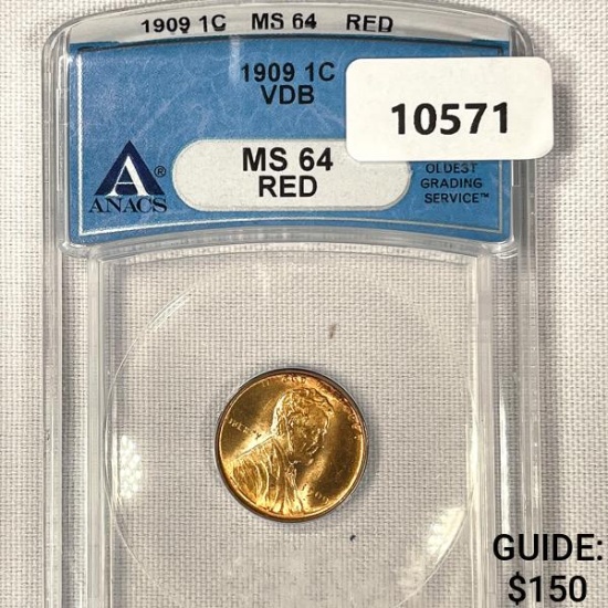 1909 VDB Wheat Cent ANACS-MS64 RED