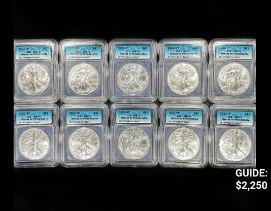 (10) 2021 American Silver Eagles ICG - MS70