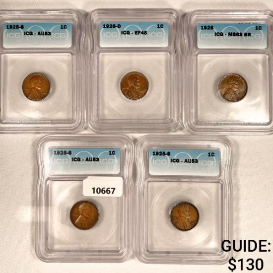 1925-1928 Set (5) Wheat Cent ICG-AU, EF, MS