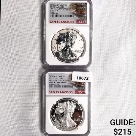 2012-S Set (2) Silver Eagle NGC-PF69 1 UC, 1 Rev