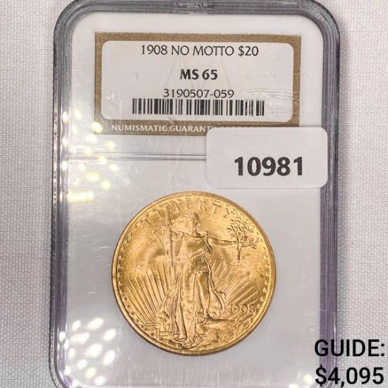 1908 $20 Gold Double Eagle NGC-MS65 No Motto