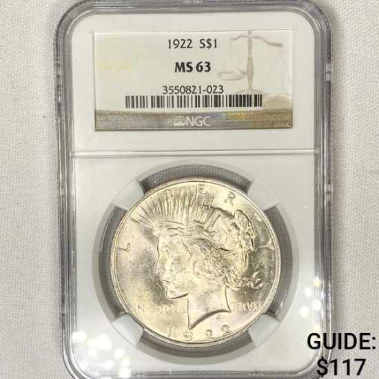 1922 Silver Peace Dollar NGC-MS63