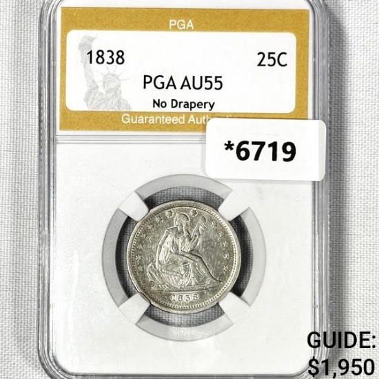 1838 Seated Liberty Quarter PGA-AU55 No Drapery