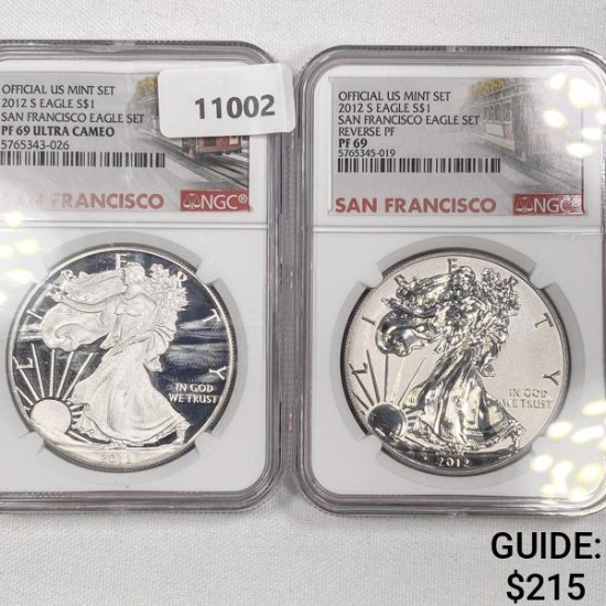 2012-S Set (2) Silver Eagle NGC-PF69 1 UC, 1 Rev