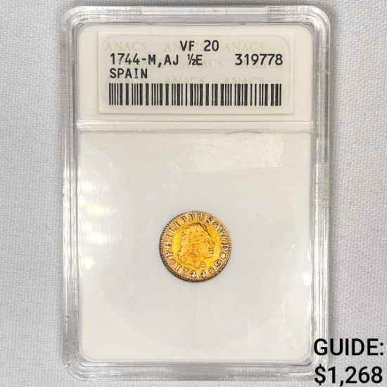 1744-M,AJ Spain Gold 1/2 Escudo ANACS-VF20