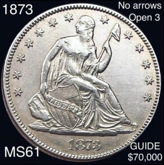 1873 NO ARROWS OPEN 3 Seated Half Dollar UNC